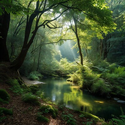 Sunlit Forest Stream with Lush Greenery