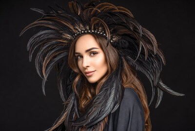 Woman wearing large feather headdress