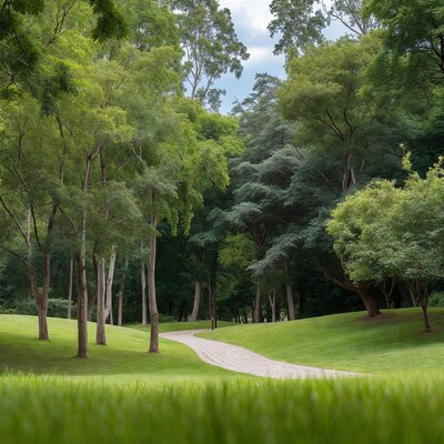 Winding path through lush green park