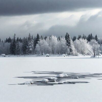 Snowy Frozen Lake with Snowy Trees