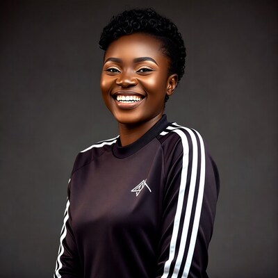 Smiling African woman in Adidas tracksuit