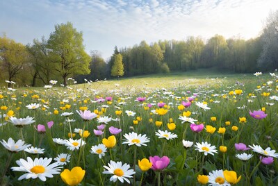 Colorful wildflower meadow under blue sky