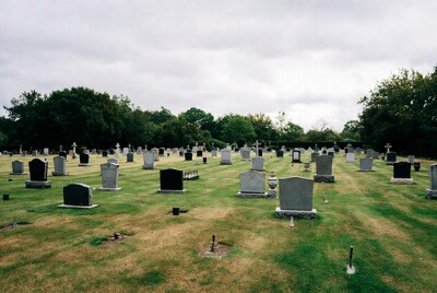Graveyard with tombstones and trees