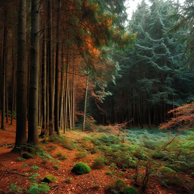 Autumn Conifer Forest with Orange Ground