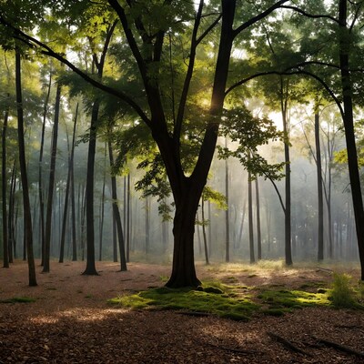 Sunlit Forest with Mossy Ground