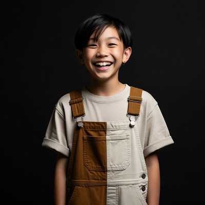 Asian boy smiling in overalls