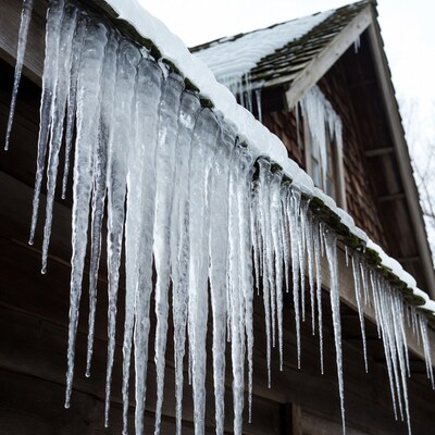 Icicles hanging from wooden roof