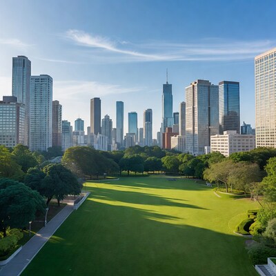 Aerial view of green park with skyscrapers