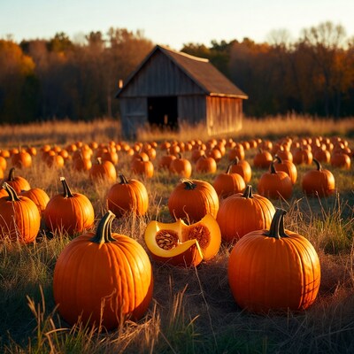 Pumpkins and barn in autumn field