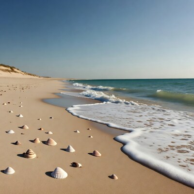 Seashells on sandy beach with waves