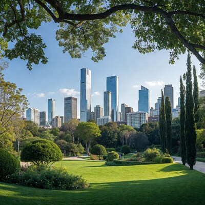 City skyline framed by park trees