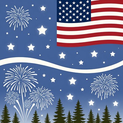 American Flag Fireworks and Pine Trees