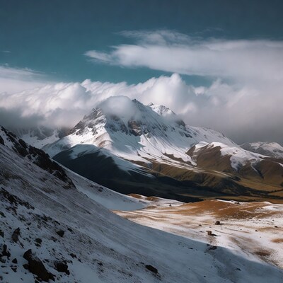 Snowy Mountain Peak with Clouds
