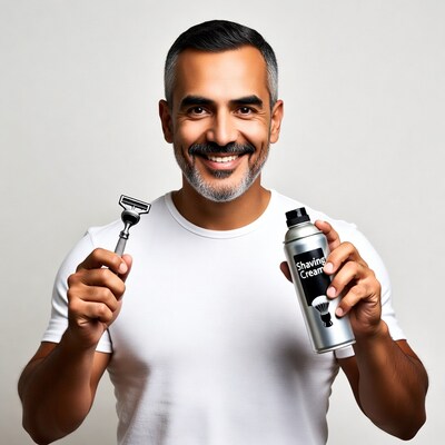 Man holding razor and shaving cream