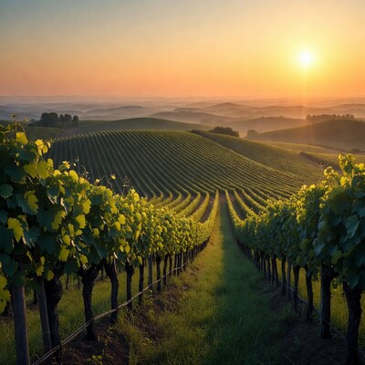 Sunset over rolling vineyard hills
