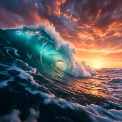 Massive turquoise barrel wave at sunset