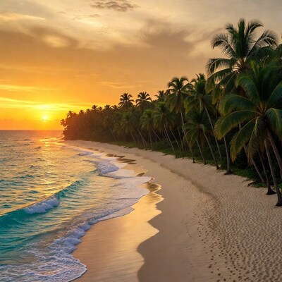 Sunset over palm-lined tropical beach