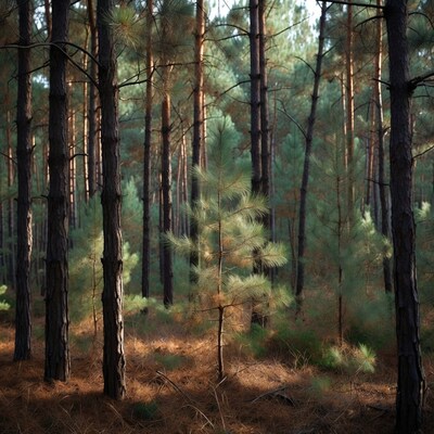 Sunlit Pine Forest with Young Pine Tree