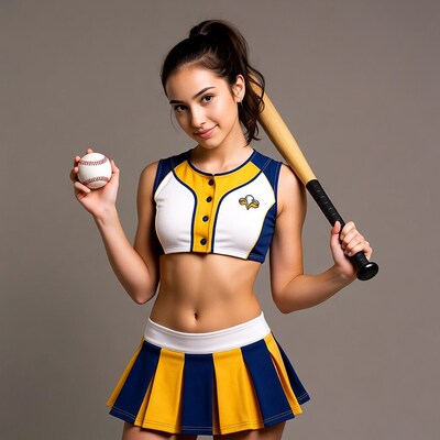 Girl in cheerleader uniform with bat and ball