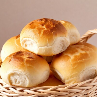 Fresh bread rolls in wicker basket
