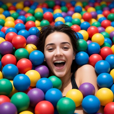 Woman smiling in colorful ball pit