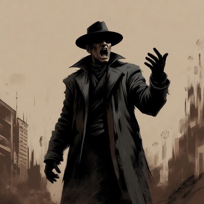 Man in trench coat yelling with raised hand