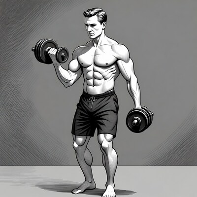 Muscular man lifting dumbbells