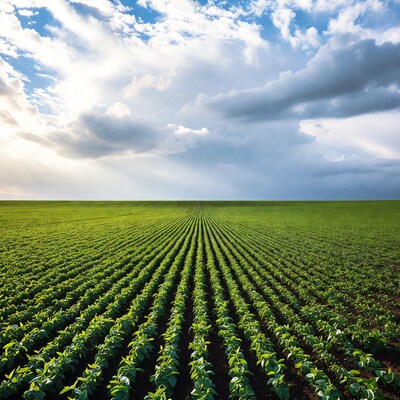 Soybean field under dramatic cloudy sky