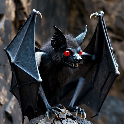 Scary black bat with red eyes