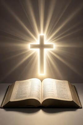 Open Bible with Glowing Cross