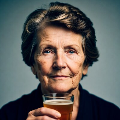Elderly woman holding beer glass