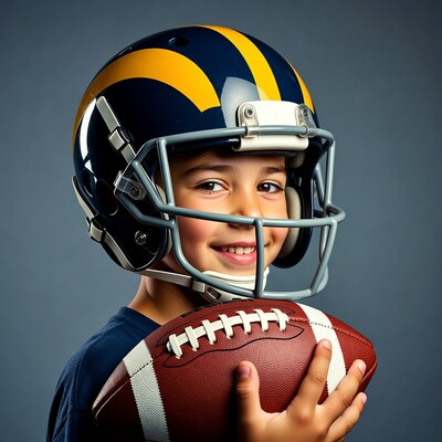 Boy in Michigan Wolverines helmet holding football
