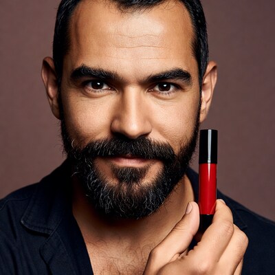 Bearded man holding red lipstick