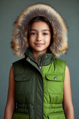 Asian girl in green fur hood vest