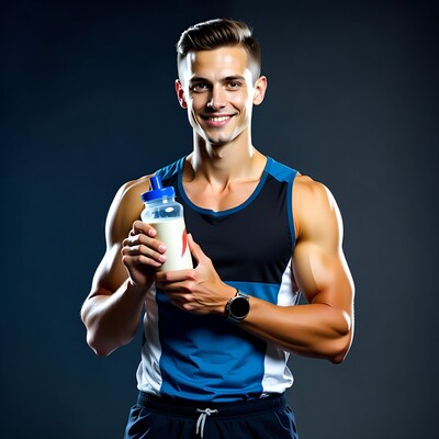Muscular man holding protein shake