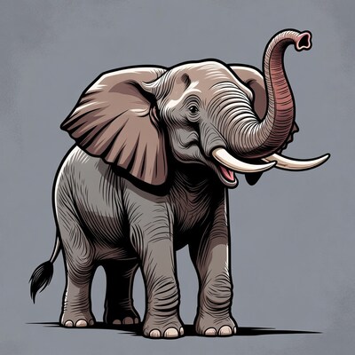 Cartoon elephant trumpeting on gray background