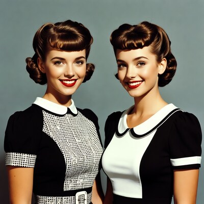 Twin women in vintage black white dresses