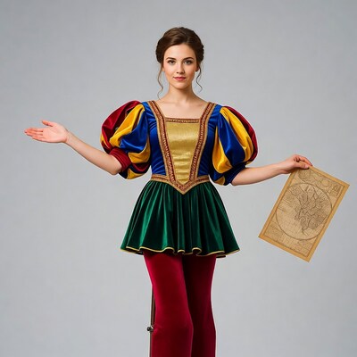 Woman in Renaissance costume holding old map