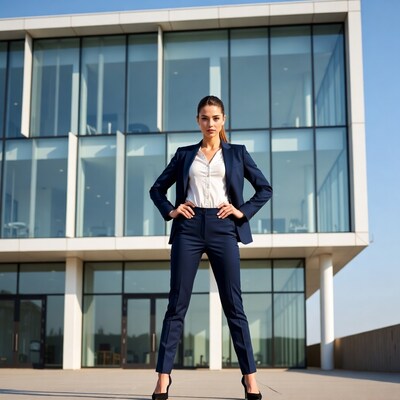 Business woman in navy suit outside modern building