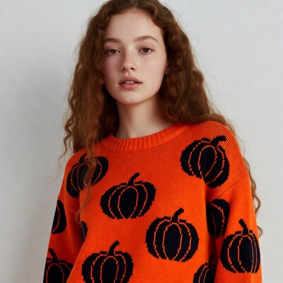 Woman in orange pumpkin sweater