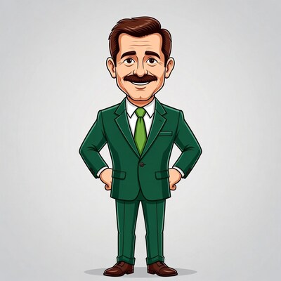 Cartoon man in green suit with hands on hips