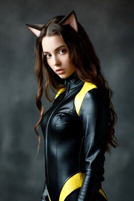Woman in black yellow catsuit with cat ears