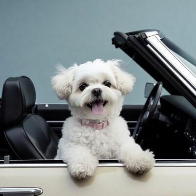 White Shih Tzu in convertible car