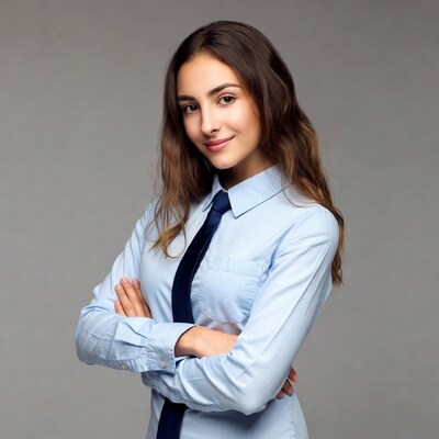 Woman in blue shirt with arms crossed