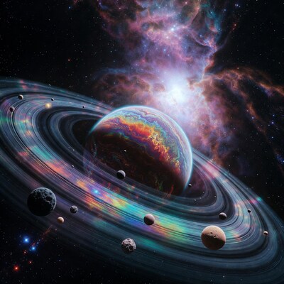 Iridescent Saturn with Colorful Rings