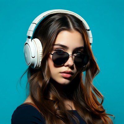 Woman wearing white headphones and sunglasses