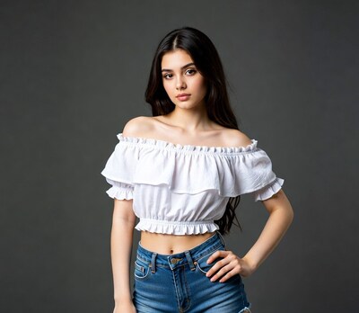 Woman in off-shoulder top and jeans