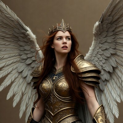 Redhead winged warrior woman in gold armor