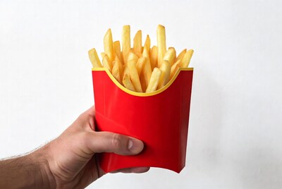Man holding french fries box