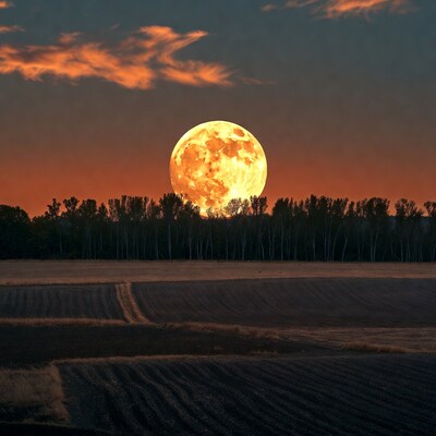 Giant orange supermoon over fields and trees